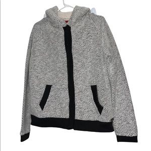 Celsius Premium Boucle Jacket Size Large Black White Sherpa Lined Snap Hooded